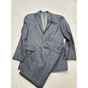 Theory Mens Grey Plaid 100% Wool Two-Piece Suit Blazer Trousers Size 36/28
